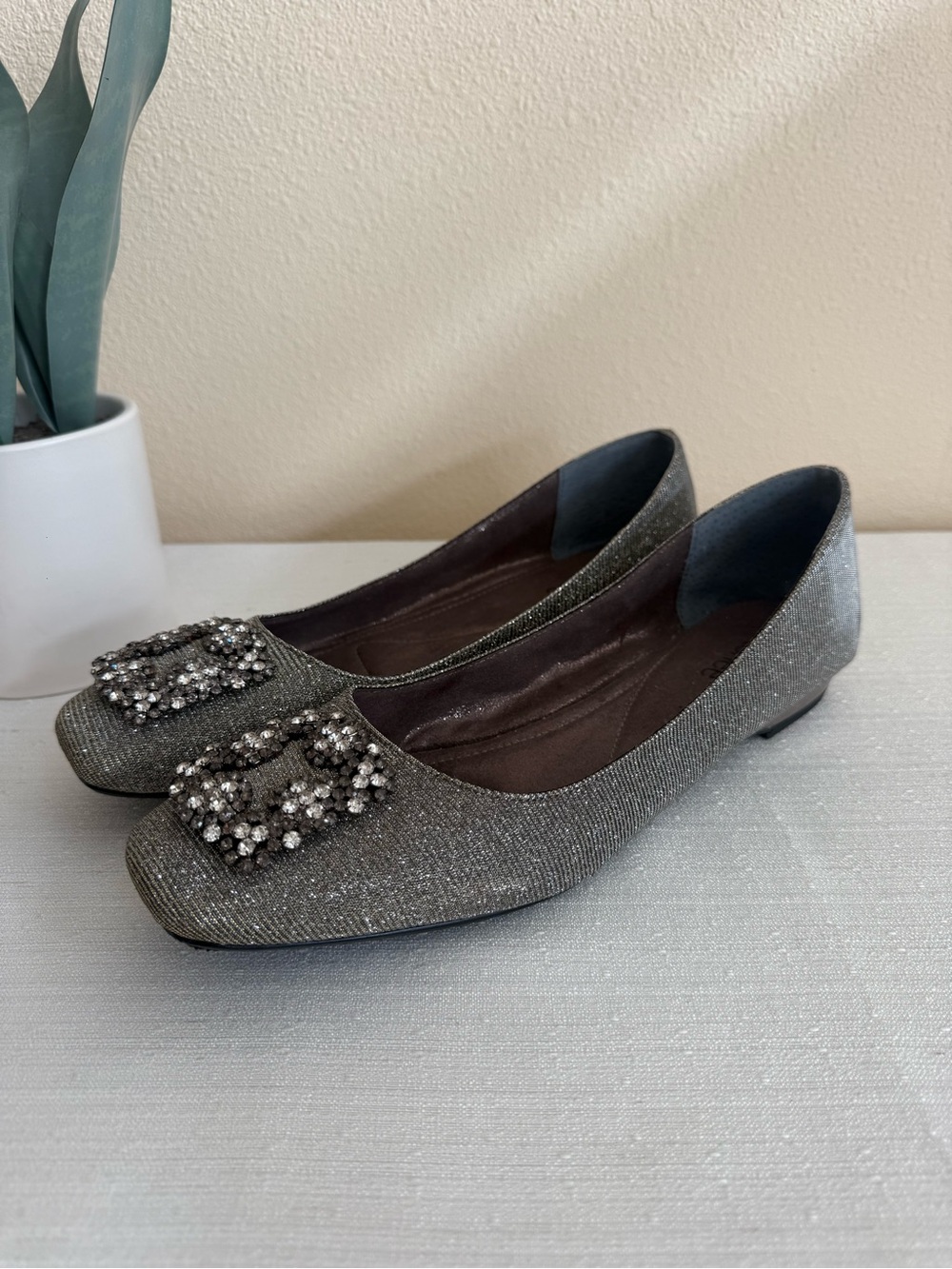 J. RENEE Dewport Women's Sparkle Embellished Square-Toe Flats - Silver